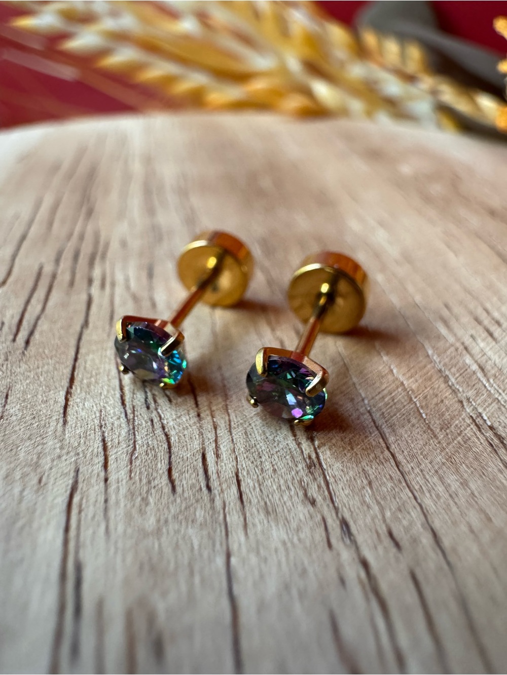 Gold-Plated Stud Earrings with Mystic Multicolor Crystal - Women Jewelry